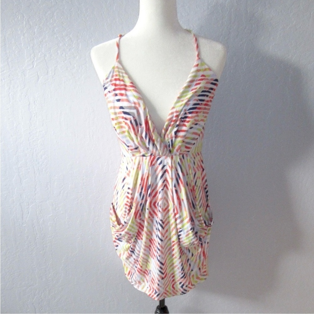BCBG faux wrap rainbow stripe racerback dress